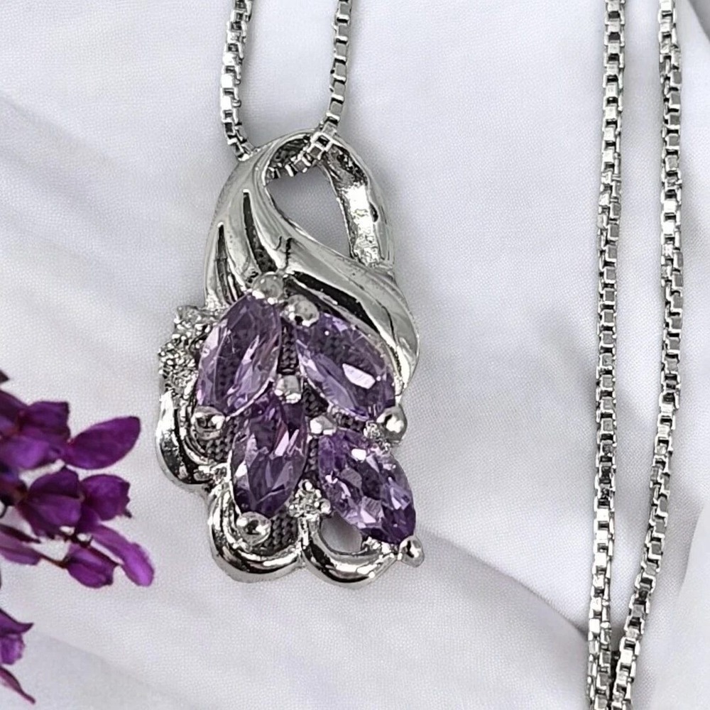 Amethyst Pendant Necklace Silver Tone Box Chain Purple Gemstone‎ Jewelry